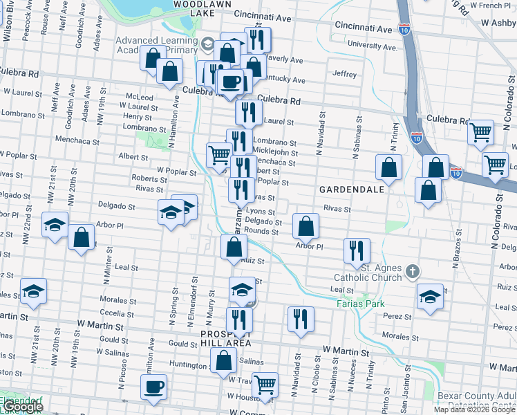 map of restaurants, bars, coffee shops, grocery stores, and more near 1825 Lyons Street in San Antonio