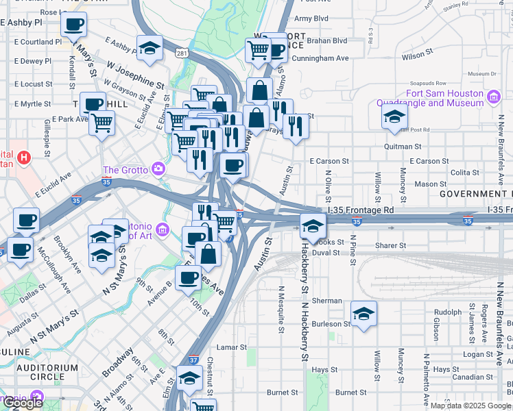 map of restaurants, bars, coffee shops, grocery stores, and more near 451 Oak Street in San Antonio