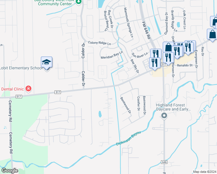 map of restaurants, bars, coffee shops, grocery stores, and more near 1101 Farm to Market 517 in Dickinson
