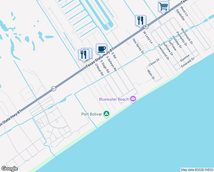 map of restaurants, bars, coffee shops, grocery stores, and more near 888 O' Neil Road in Bolivar Peninsula