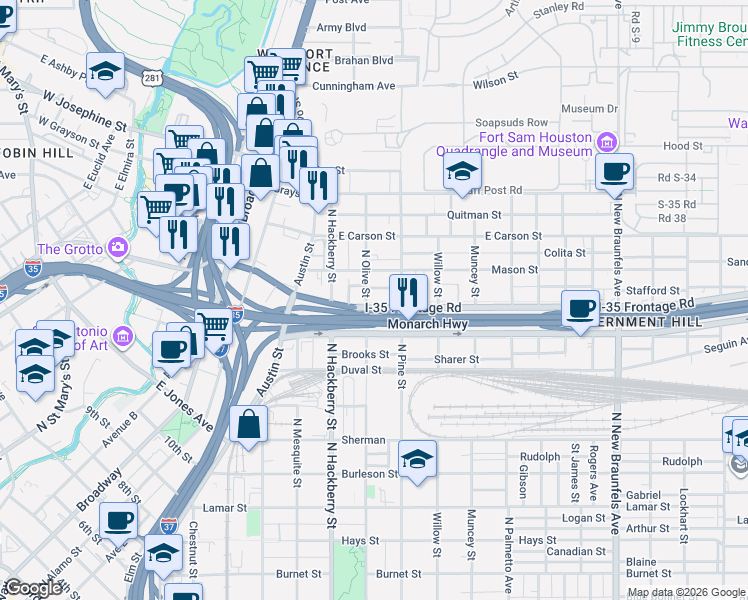 map of restaurants, bars, coffee shops, grocery stores, and more near 1623 Interstate 35 Frontage Road in San Antonio