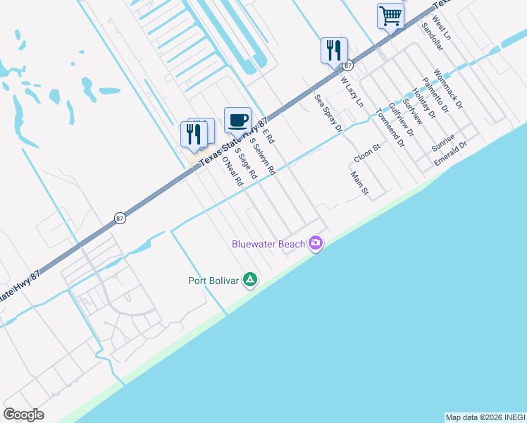 map of restaurants, bars, coffee shops, grocery stores, and more near 888 O' Neil Road in Bolivar Peninsula