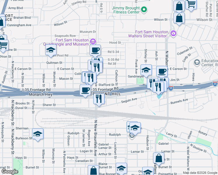 map of restaurants, bars, coffee shops, grocery stores, and more near 2259 Interstate 35 Frontage Road in San Antonio