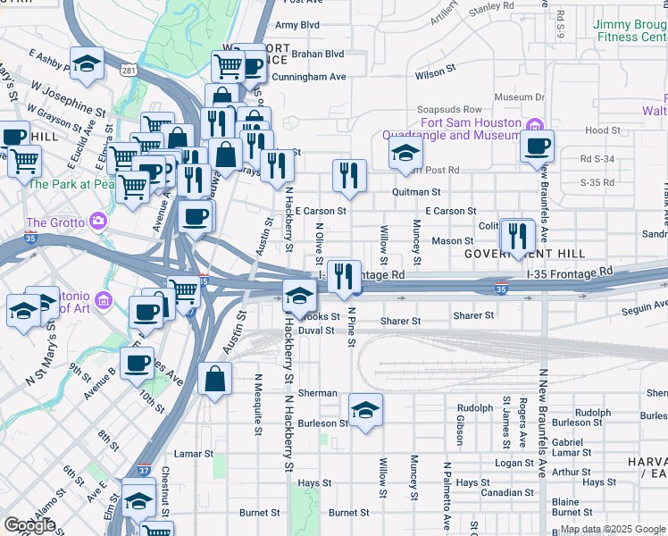 map of restaurants, bars, coffee shops, grocery stores, and more near 1603 North Pine Street in San Antonio