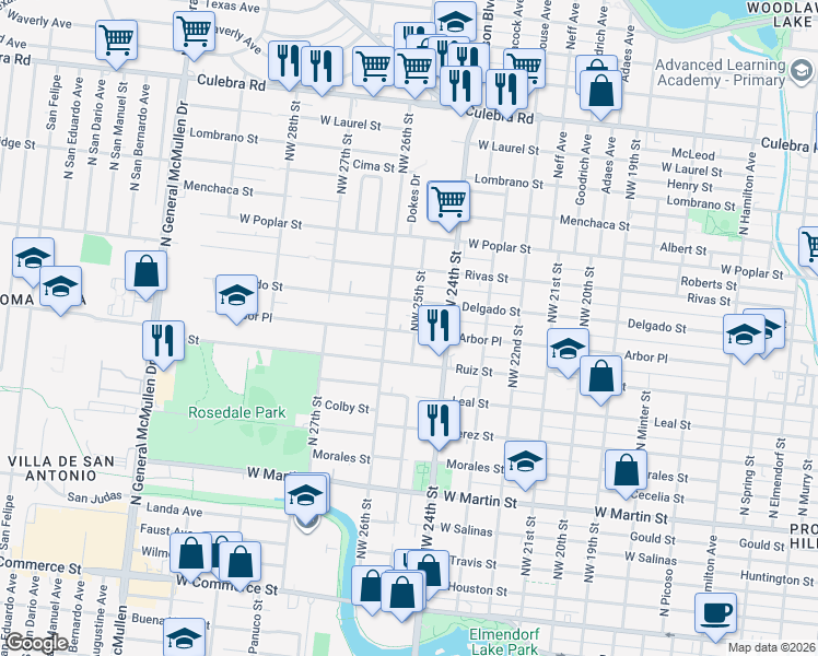 map of restaurants, bars, coffee shops, grocery stores, and more near 2423 Arbor Place in San Antonio