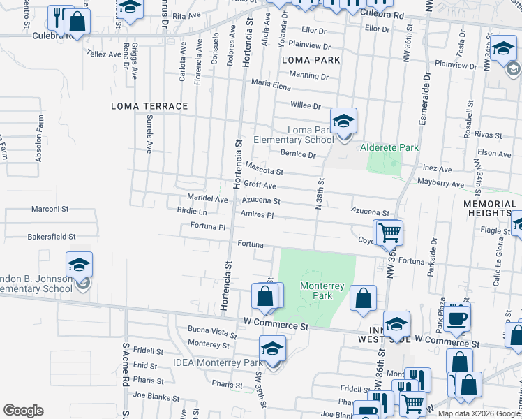map of restaurants, bars, coffee shops, grocery stores, and more near 452 Amires Place in San Antonio