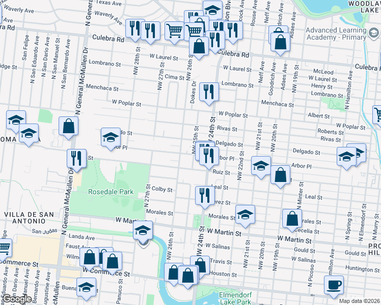map of restaurants, bars, coffee shops, grocery stores, and more near 2423 Arbor Place in San Antonio