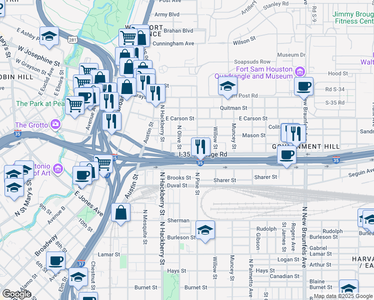 map of restaurants, bars, coffee shops, grocery stores, and more near 1603 North Pine Street in San Antonio