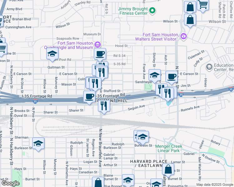 map of restaurants, bars, coffee shops, grocery stores, and more near 2259 Interstate 35 Frontage Road in San Antonio