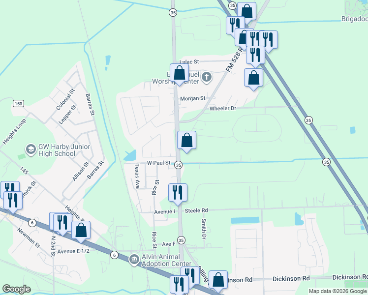 map of restaurants, bars, coffee shops, grocery stores, and more near 1806 FM 528 Road in Alvin