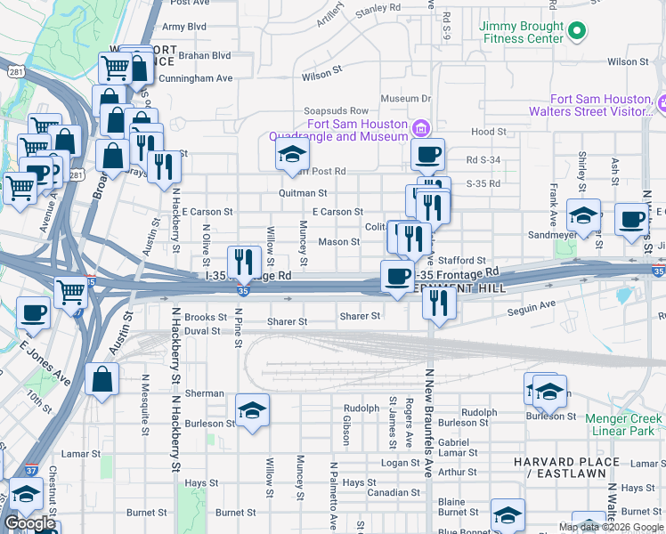 map of restaurants, bars, coffee shops, grocery stores, and more near 1923 Interstate 35 Frontage Road in San Antonio
