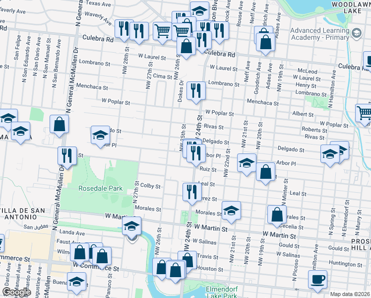 map of restaurants, bars, coffee shops, grocery stores, and more near 2423 Arbor Place in San Antonio
