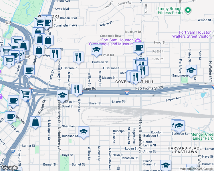 map of restaurants, bars, coffee shops, grocery stores, and more near 1923 Interstate 35 Frontage Road in San Antonio