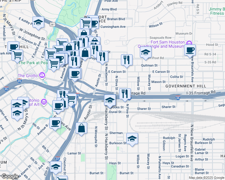 map of restaurants, bars, coffee shops, grocery stores, and more near 1601 North Olive Street in San Antonio