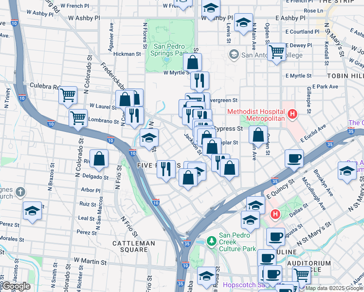 map of restaurants, bars, coffee shops, grocery stores, and more near 725 West Poplar Street in San Antonio