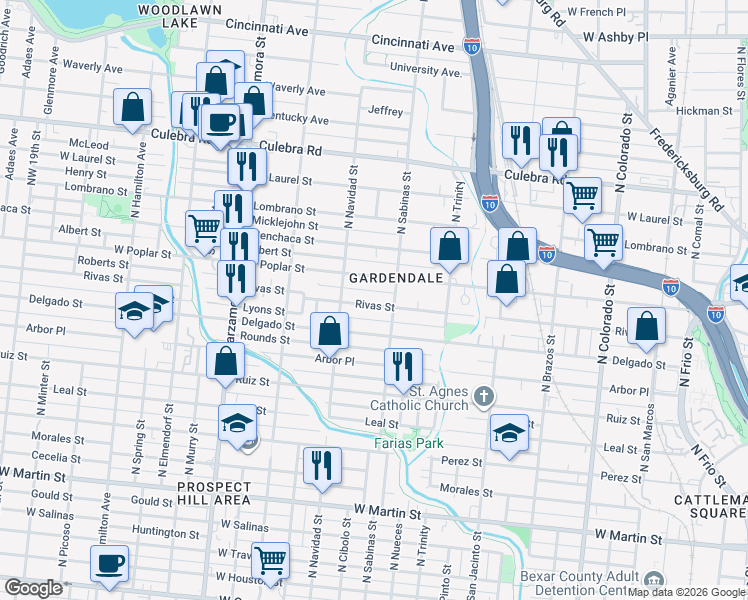 map of restaurants, bars, coffee shops, grocery stores, and more near 826 Rivas Street in San Antonio