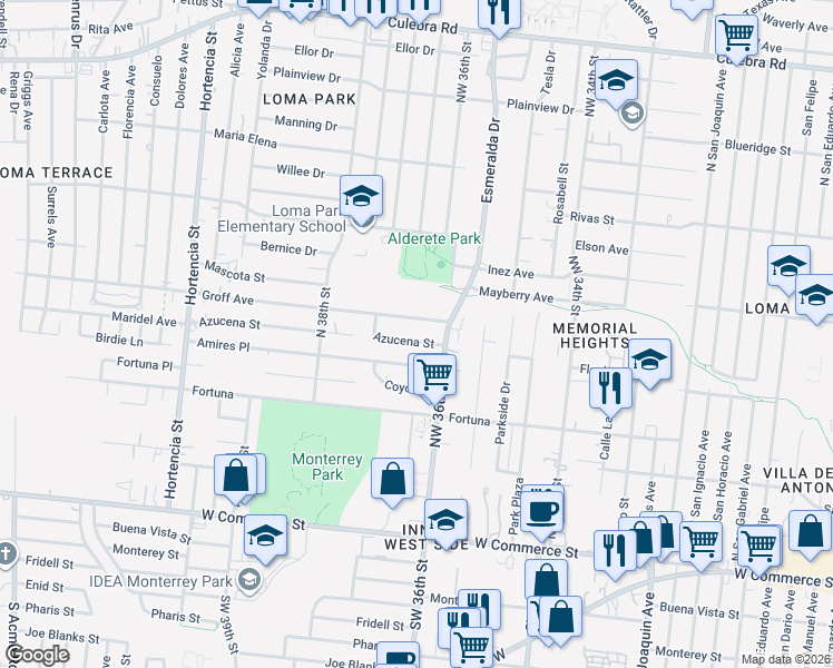 map of restaurants, bars, coffee shops, grocery stores, and more near 134 Azucena Street in San Antonio