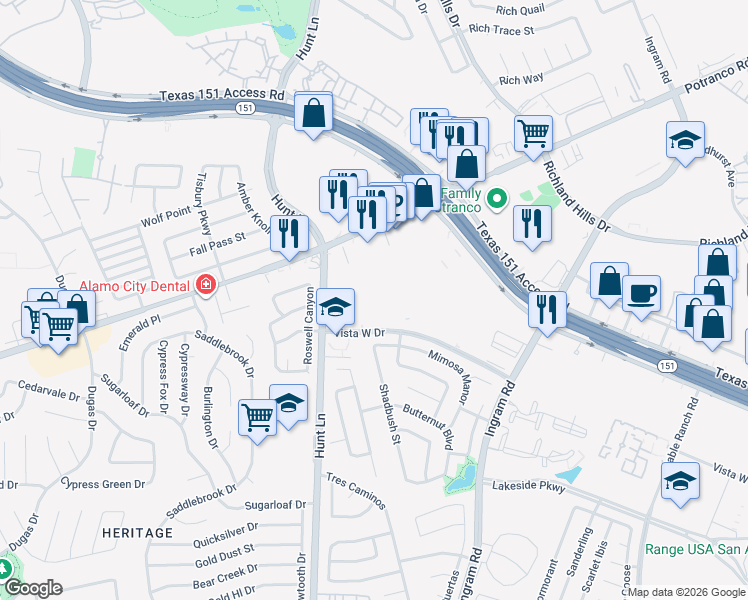 map of restaurants, bars, coffee shops, grocery stores, and more near Vista West Drive in San Antonio