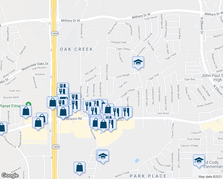 map of restaurants, bars, coffee shops, grocery stores, and more near 609 Leopard Hollow in San Antonio