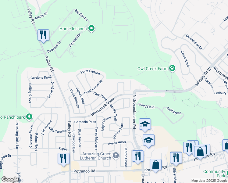map of restaurants, bars, coffee shops, grocery stores, and more near 12519 Point Summit in San Antonio