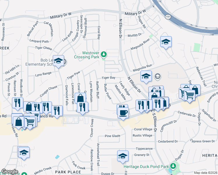 map of restaurants, bars, coffee shops, grocery stores, and more near 718 Butler Point in San Antonio