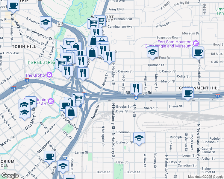 map of restaurants, bars, coffee shops, grocery stores, and more near 1607 North Hackberry Street in San Antonio