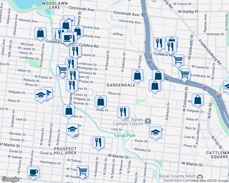 map of restaurants, bars, coffee shops, grocery stores, and more near 826 Rivas Street in San Antonio