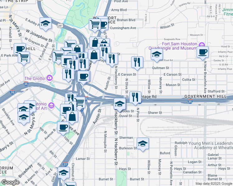 map of restaurants, bars, coffee shops, grocery stores, and more near 1606 North Hackberry in San Antonio