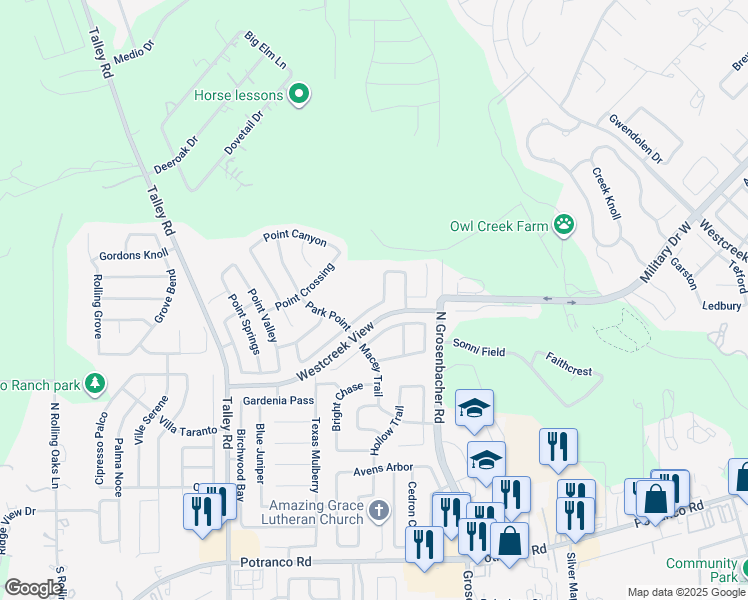 map of restaurants, bars, coffee shops, grocery stores, and more near 12519 Point Summit in San Antonio