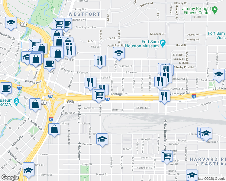 map of restaurants, bars, coffee shops, grocery stores, and more near 1114 Willow Street in San Antonio