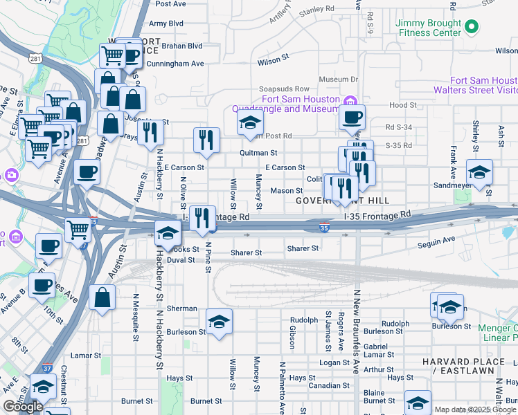 map of restaurants, bars, coffee shops, grocery stores, and more near 1114 Willow Street in San Antonio