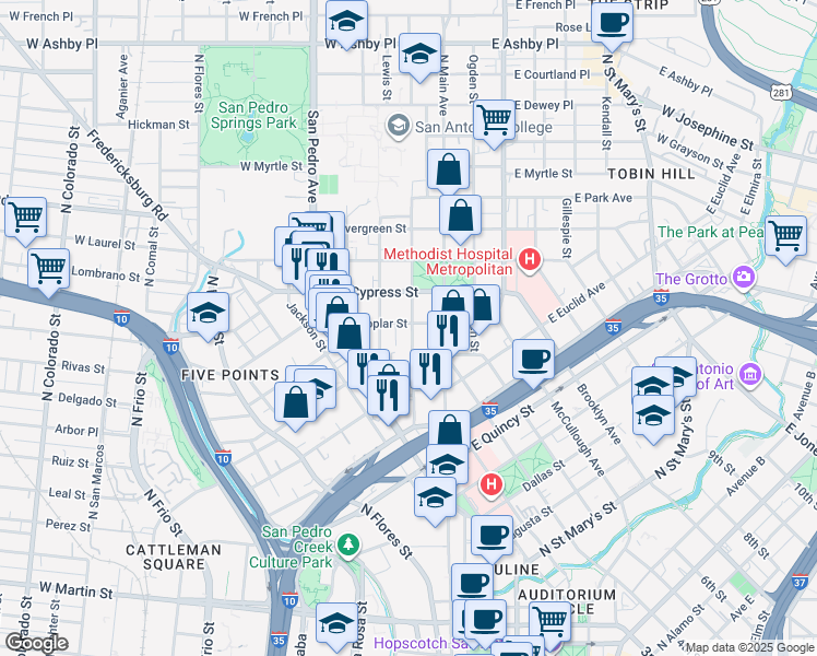 map of restaurants, bars, coffee shops, grocery stores, and more near 311 Howard Street in San Antonio