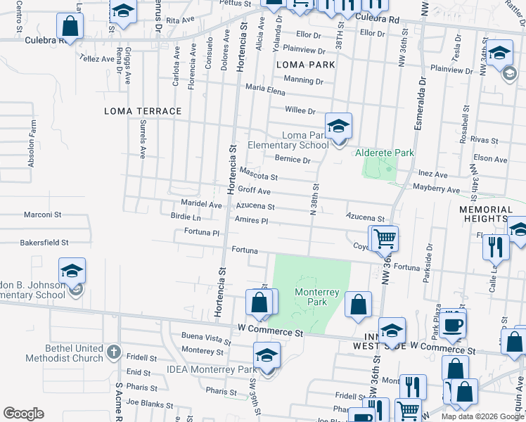map of restaurants, bars, coffee shops, grocery stores, and more near 415 Amires Place in San Antonio