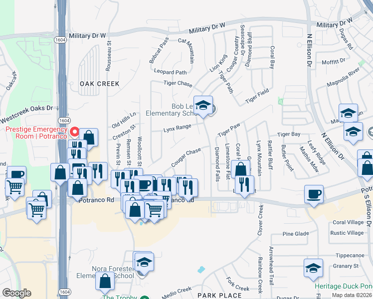 map of restaurants, bars, coffee shops, grocery stores, and more near 10524 Cougar Chase in San Antonio