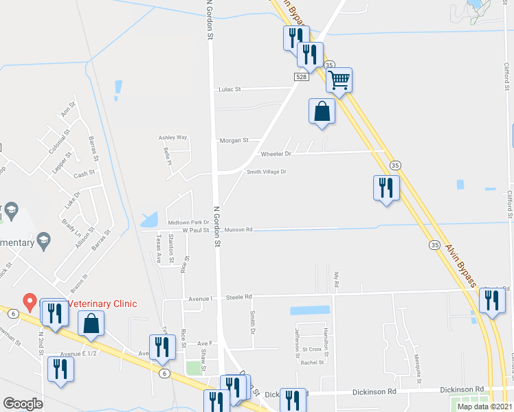 map of restaurants, bars, coffee shops, grocery stores, and more near 1806 FM 528 Road in Alvin