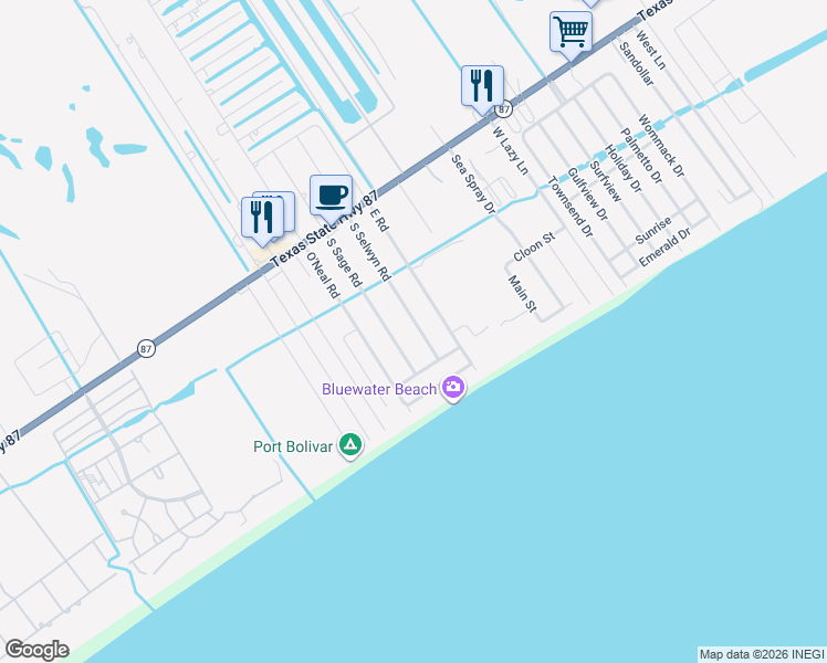 map of restaurants, bars, coffee shops, grocery stores, and more near 860 South Sage Road in Galveston