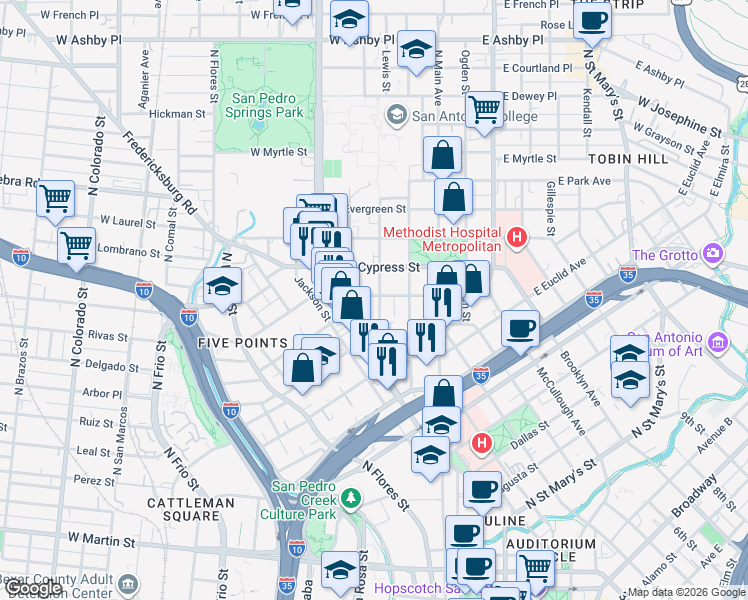 map of restaurants, bars, coffee shops, grocery stores, and more near 530 San Pedro Avenue in San Antonio