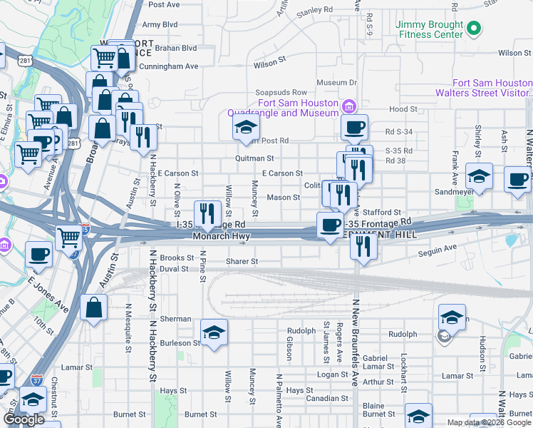map of restaurants, bars, coffee shops, grocery stores, and more near 1923 Interstate 35 Frontage Road in San Antonio