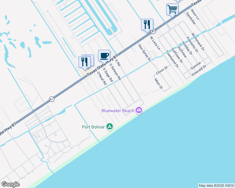 map of restaurants, bars, coffee shops, grocery stores, and more near 888 O' Neil Road in Bolivar Peninsula