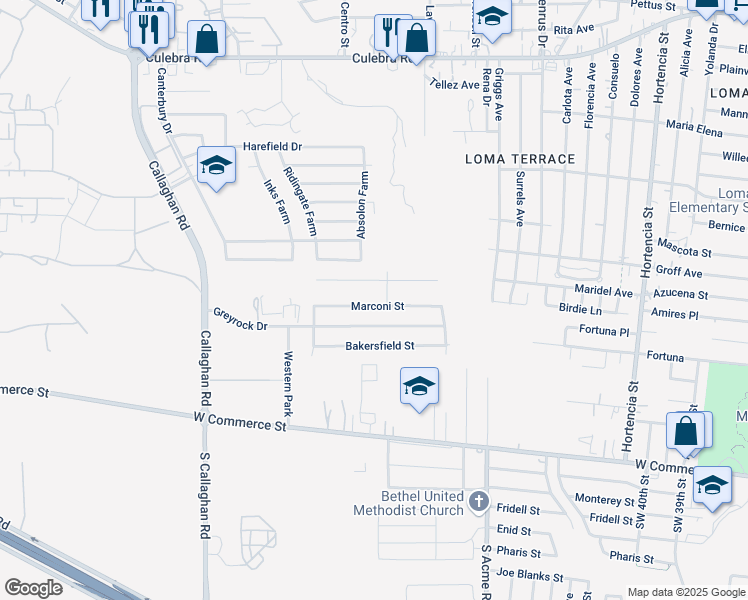 map of restaurants, bars, coffee shops, grocery stores, and more near 5300 Marconi Street in San Antonio