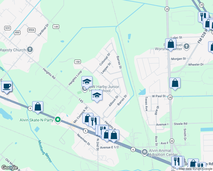 map of restaurants, bars, coffee shops, grocery stores, and more near 1017 Luke Drive in Alvin