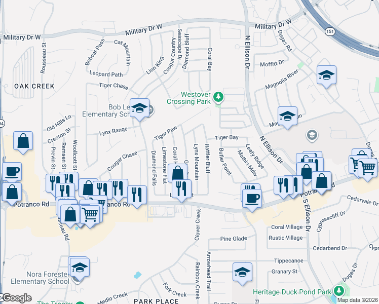 map of restaurants, bars, coffee shops, grocery stores, and more near 623 Granite Cliff in San Antonio