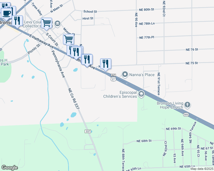 map of restaurants, bars, coffee shops, grocery stores, and more near 745 Town Court in Bronson
