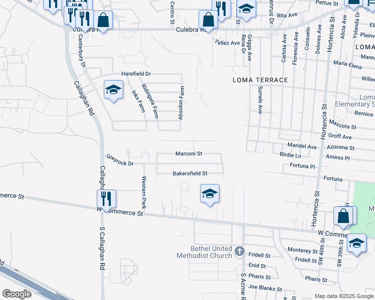 map of restaurants, bars, coffee shops, grocery stores, and more near 5300 Marconi Street in San Antonio