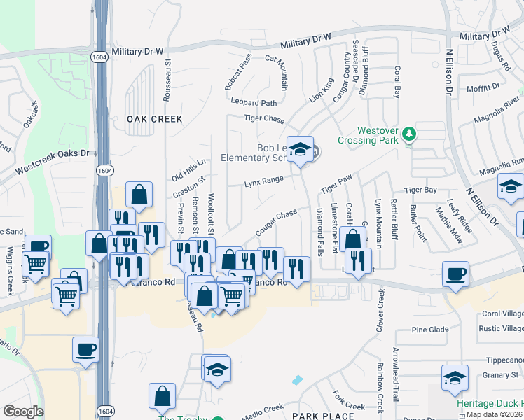 map of restaurants, bars, coffee shops, grocery stores, and more near 10607 Cougar Chase in San Antonio