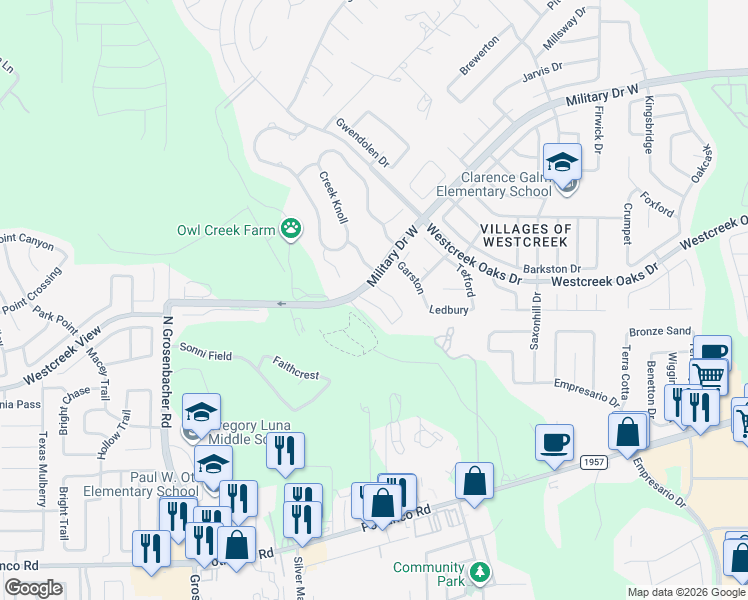 map of restaurants, bars, coffee shops, grocery stores, and more near 735 Pinafore Street in San Antonio