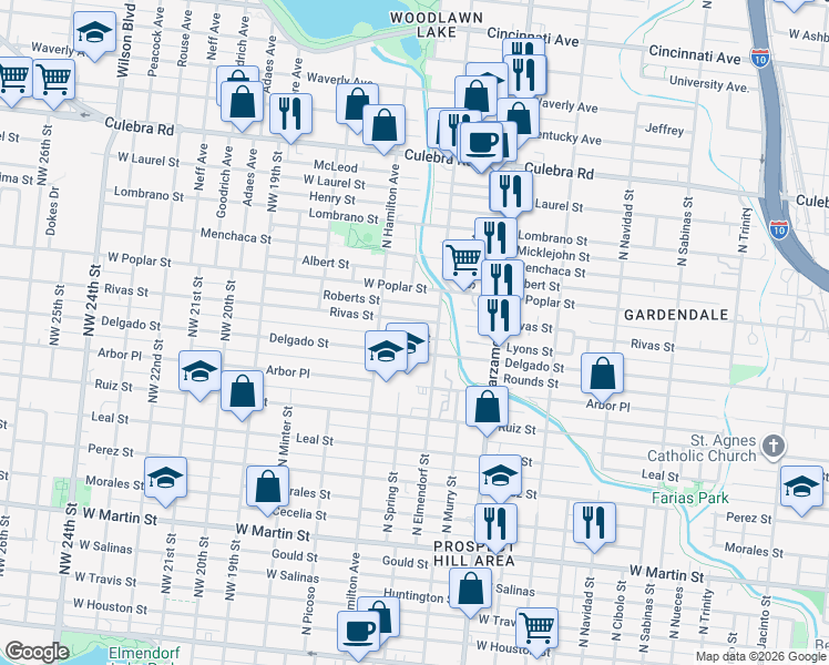map of restaurants, bars, coffee shops, grocery stores, and more near 1321 Delgado Street in San Antonio
