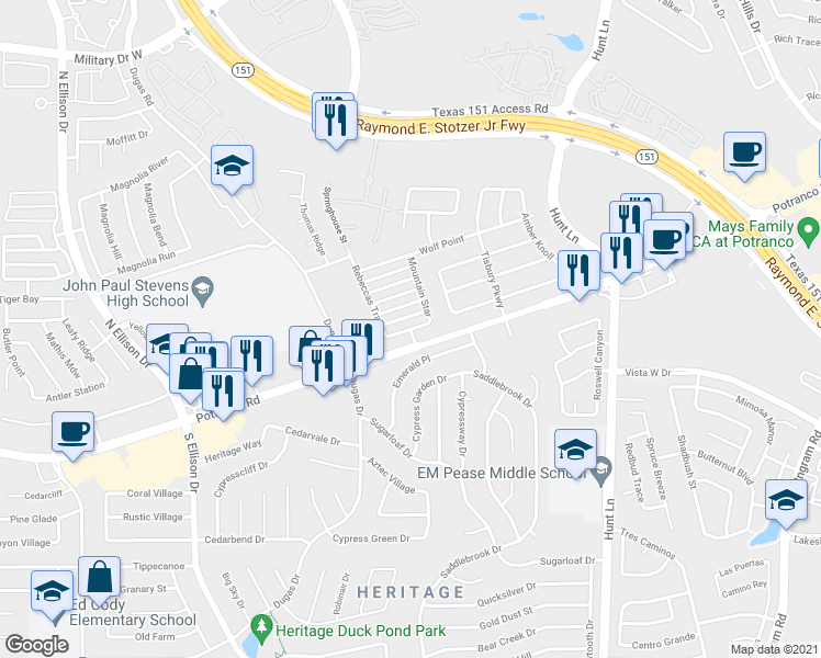 map of restaurants, bars, coffee shops, grocery stores, and more near Stephens Ranch in San Antonio
