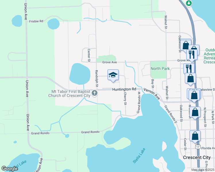 map of restaurants, bars, coffee shops, grocery stores, and more near 1020 Huntington Road in Crescent City