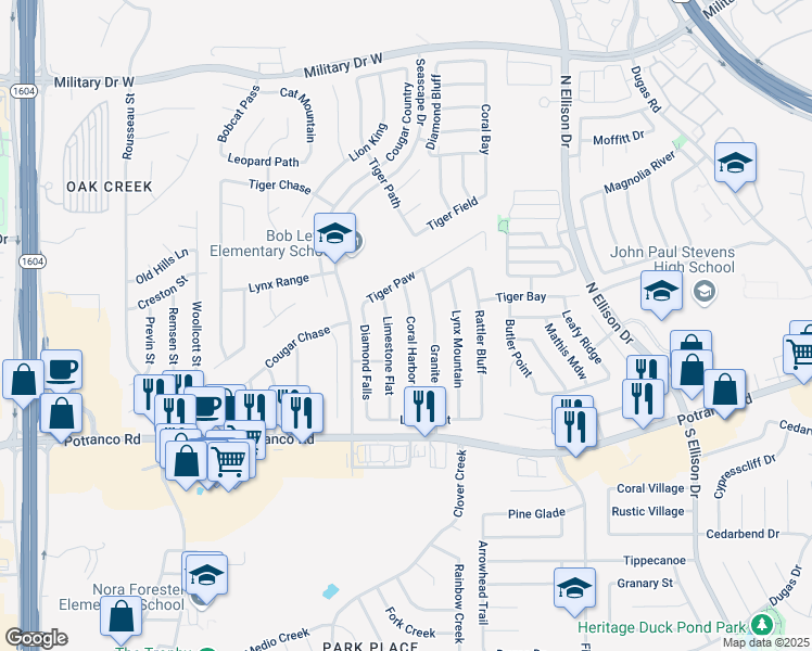 map of restaurants, bars, coffee shops, grocery stores, and more near 643 Coral Harbor in San Antonio